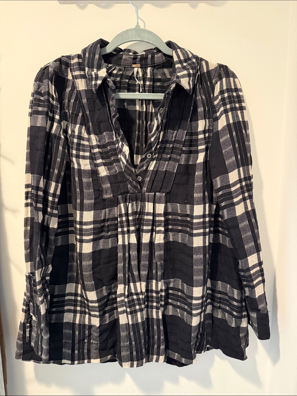 Free People Black and White Plaid Button-Up Tunic